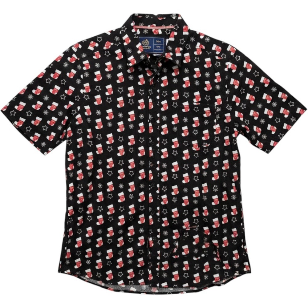 Rugby University Mens Christmas Stocking Print Button Down Shirt Black Medium